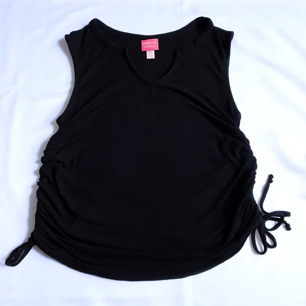 Paisley Sky Black Ribbed Maternity Ruche Strap Tank Top